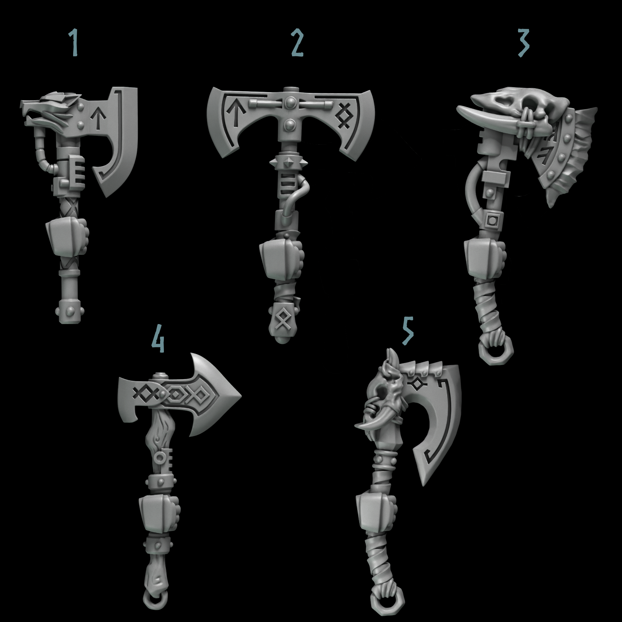 five different fantasy weapons, each with unique designs and features, including arrows, claws, and other symbols.