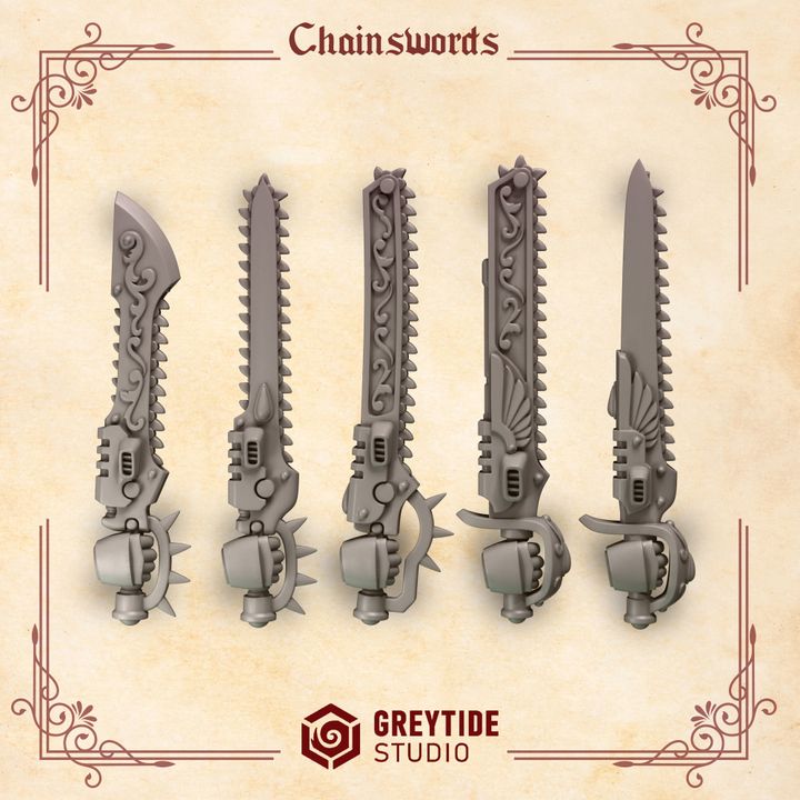 five ornate, futuristic-looking swords with intricate designs and sharp edges, arranged in a row against a beige background.