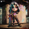 a doll is posed on a pedestal with a sword