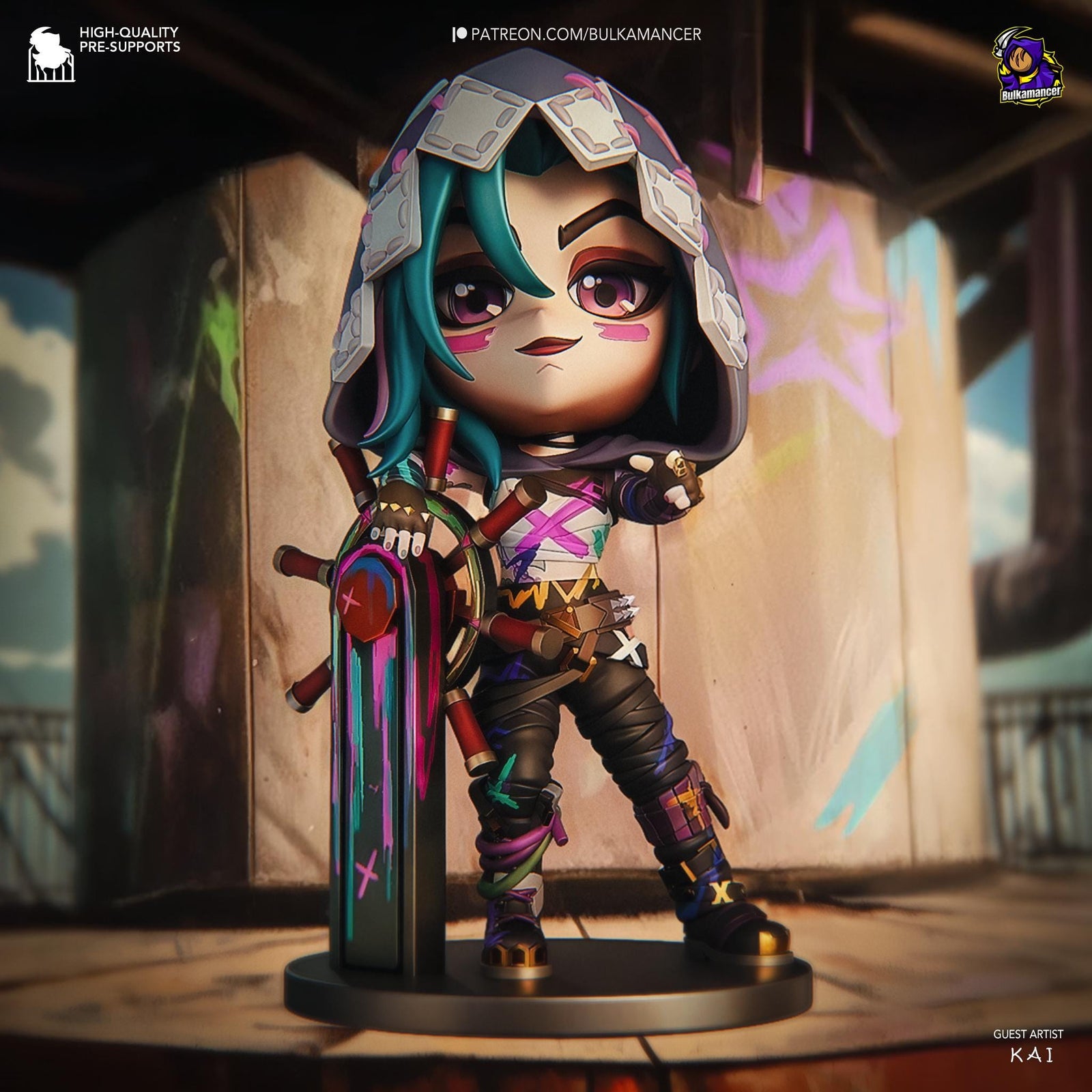 a doll is posed on a pedestal with a sword