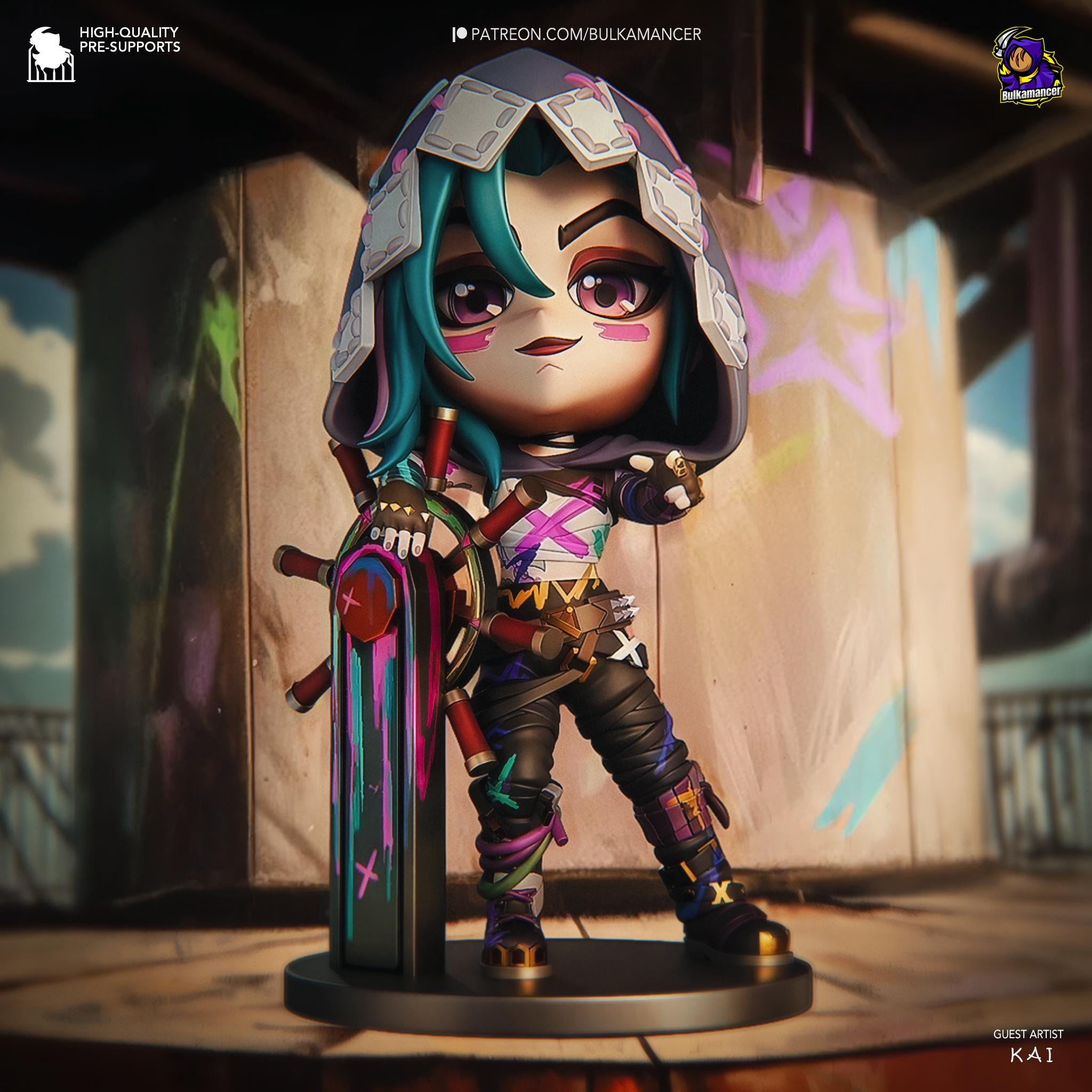 a doll is posed on a pedestal with a sword