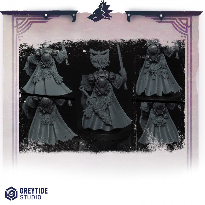 six detailed figurines of characters, each with unique features and attire, arranged in a grid-like pattern.