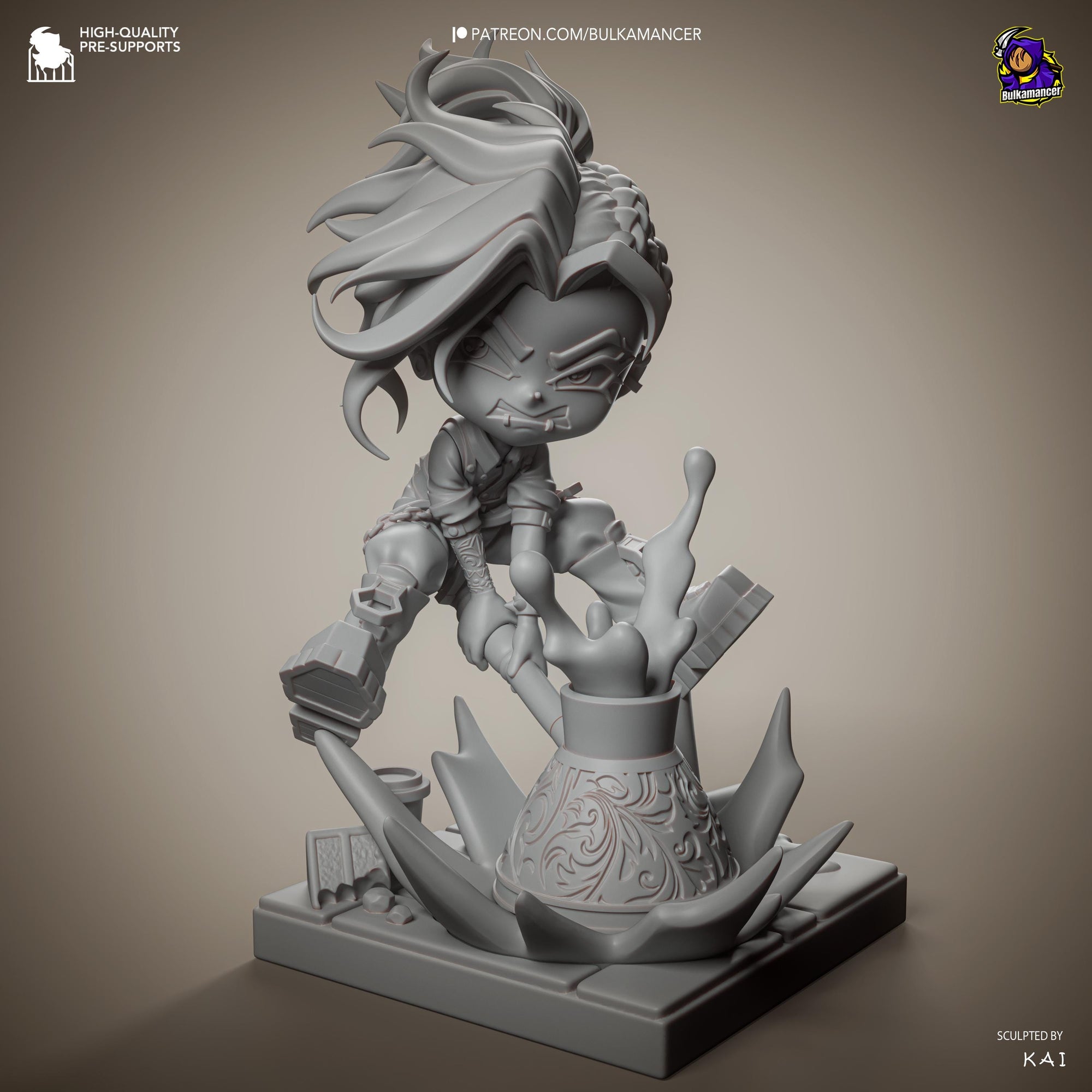 Mokka Chibi Unpainted Resin Statue | Cute Chibi Brawler Figure | Dynamic Splash Base Diorama | 123mm Display Model | 3D Printed