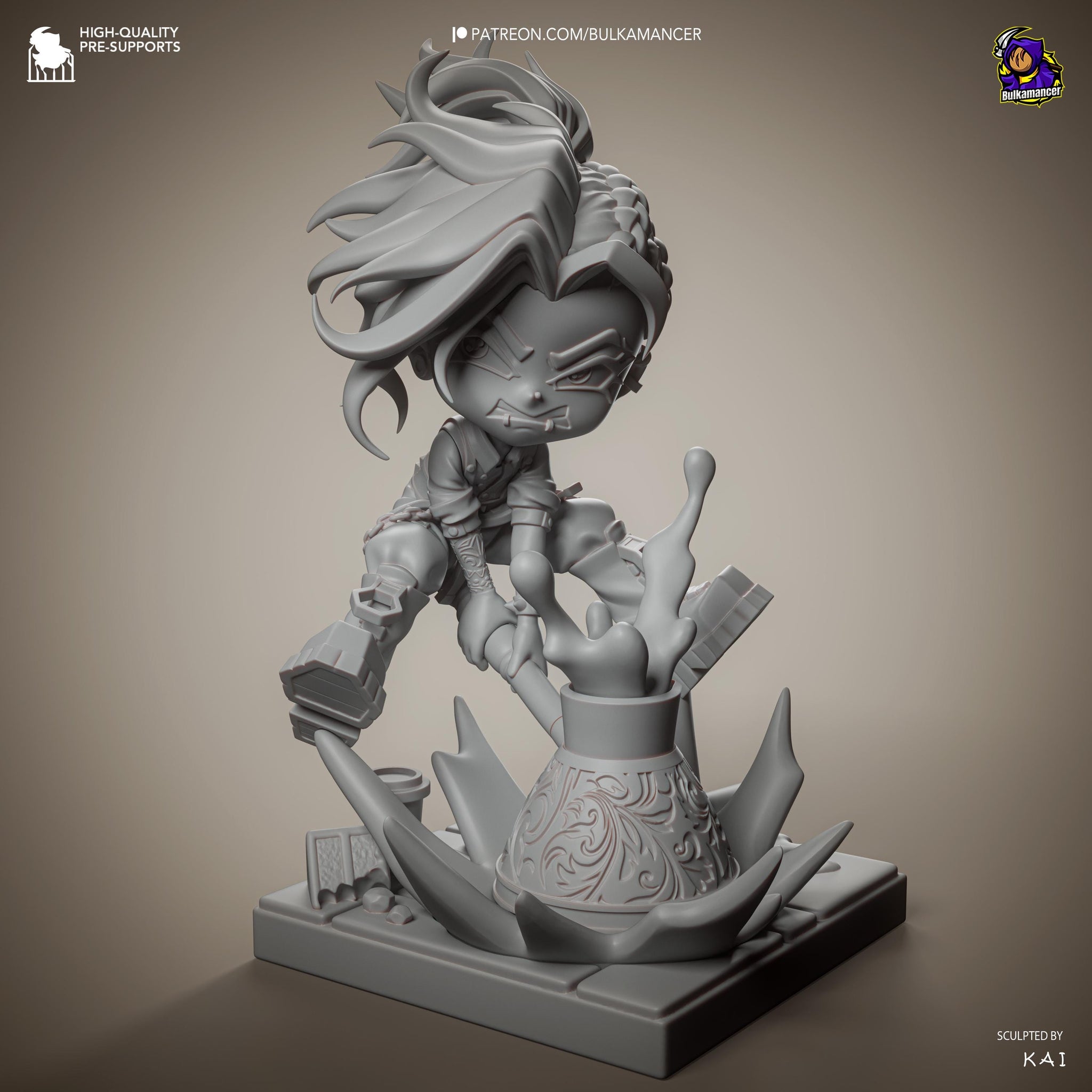 Mokka Chibi Unpainted Resin Statue | Cute Chibi Brawler Figure | Dynamic Splash Base Diorama | 123mm Display Model | 3D Printed