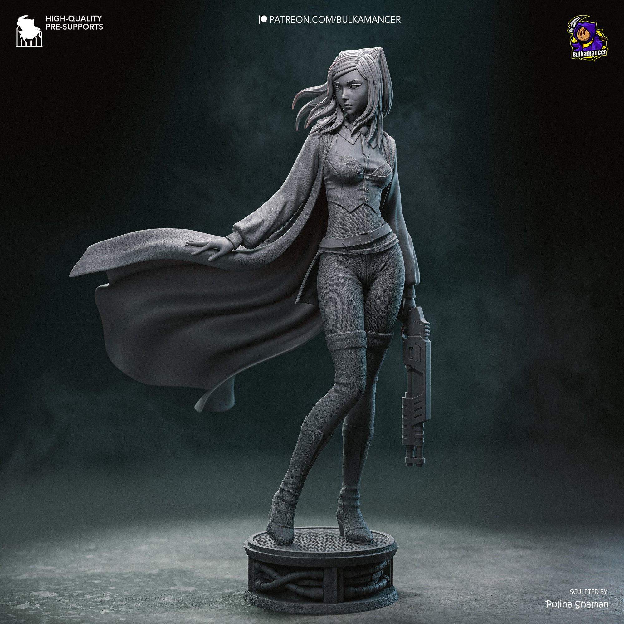A 3D rendering of a female character with flowing hair and a cape, standing on a platform and holding a weapon.