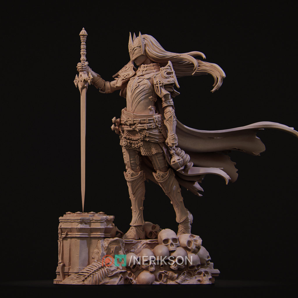 A detailed 3D model of a female warrior figure, holding a sword and standing on a pile of skulls.