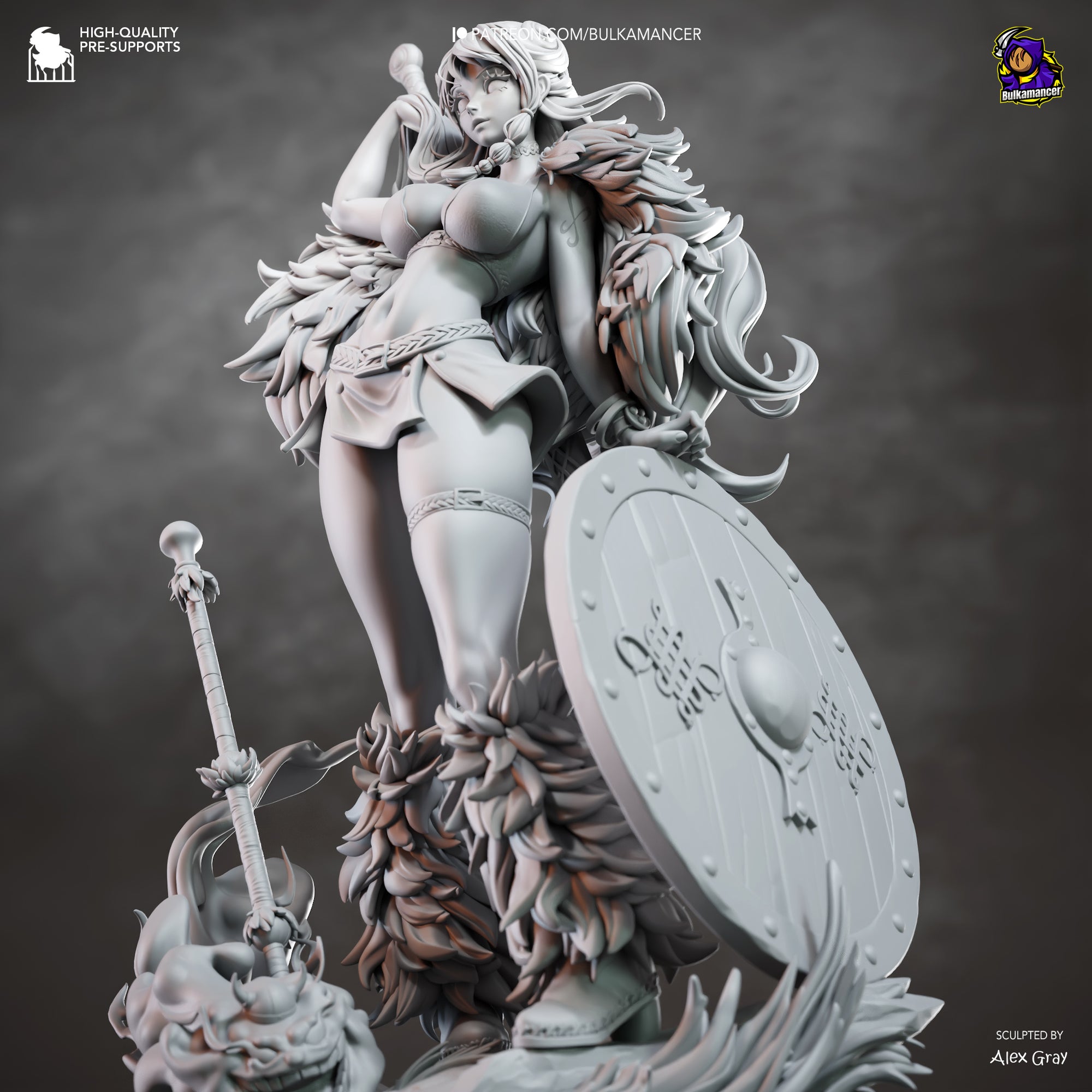 A detailed 3D model of a female warrior figure, complete with a shield and sword, standing in a dramatic pose.