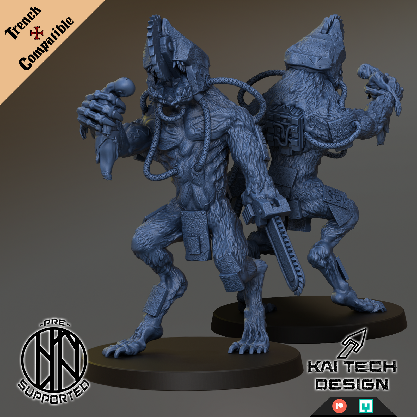 A 3D rendering of a futuristic-looking monster with a large head, sharp teeth, and a chain-like accessory on its back. The monster appears to be holding a weapon in its hands.