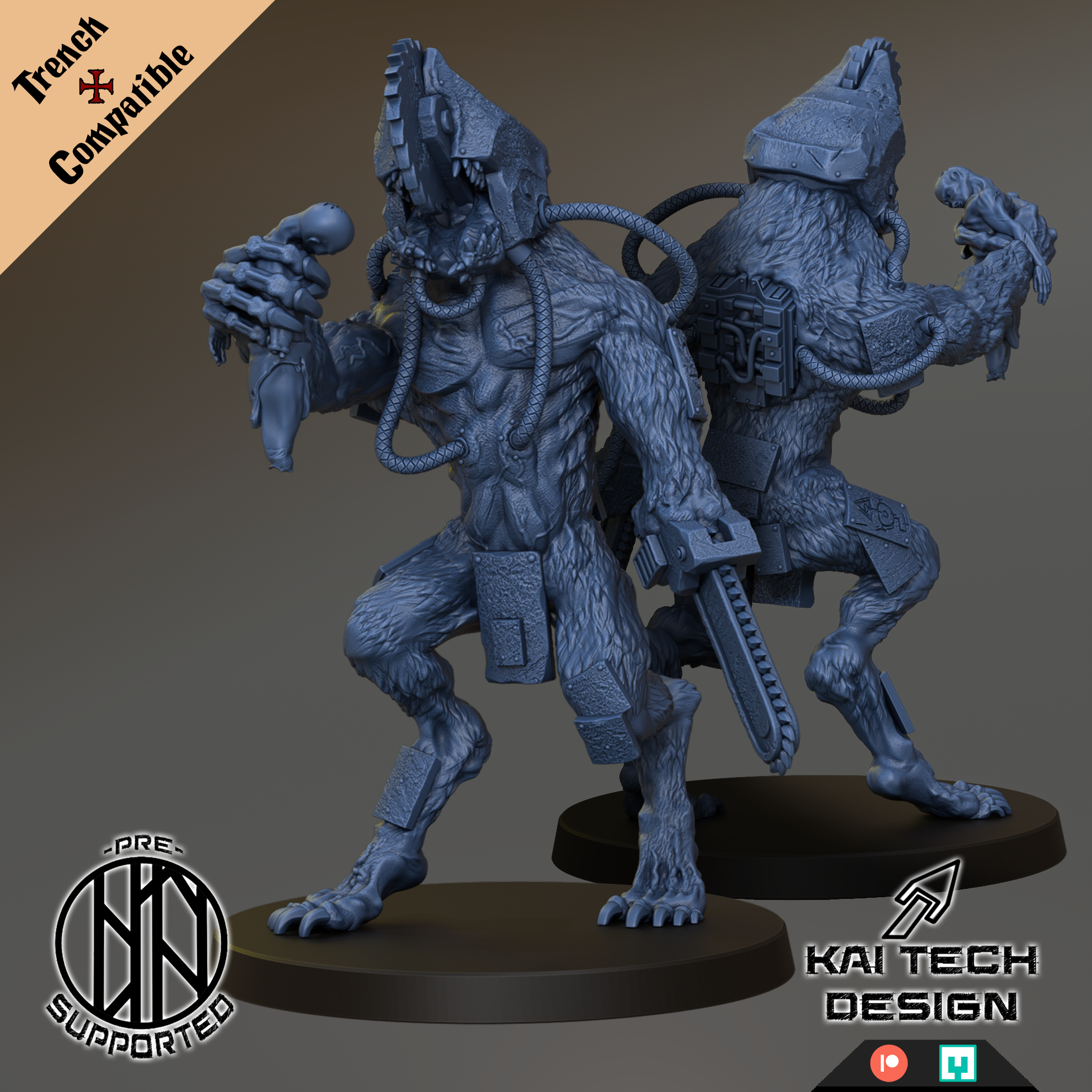 A 3D rendering of a futuristic-looking monster with a large head, sharp teeth, and a chain-like accessory on its back. The monster appears to be holding a weapon in its hands.