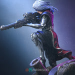 A female character in a futuristic, robotic suit is aiming a gun at the viewer, with a purple and black color scheme.