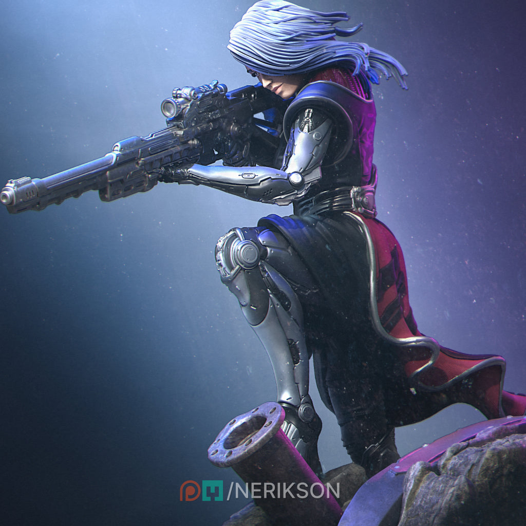 A female character in a futuristic, robotic suit is aiming a gun at the viewer, with a purple and black color scheme.