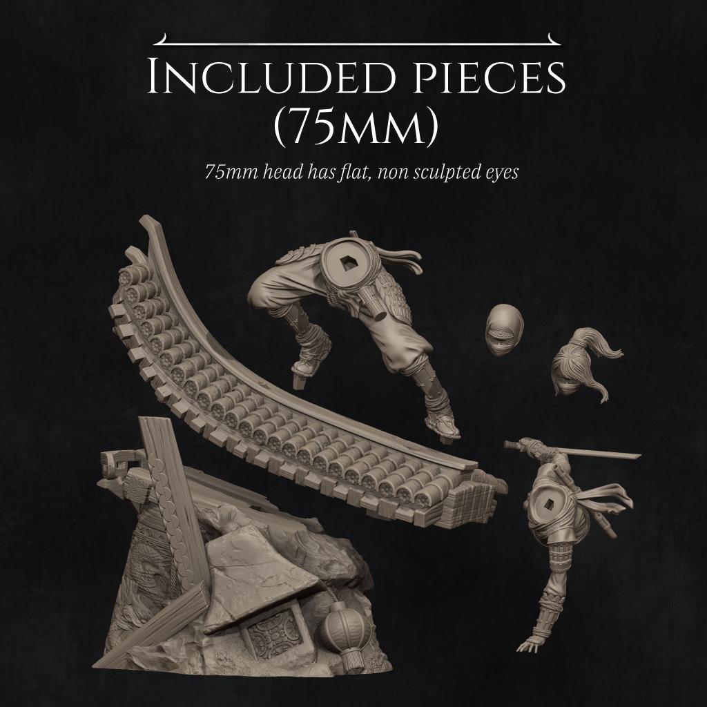 Shizuka Rooftop Ninja | 3D Printed Resin Miniature Statue | 75mm & 140mm Unpainted Figure | Nerikson