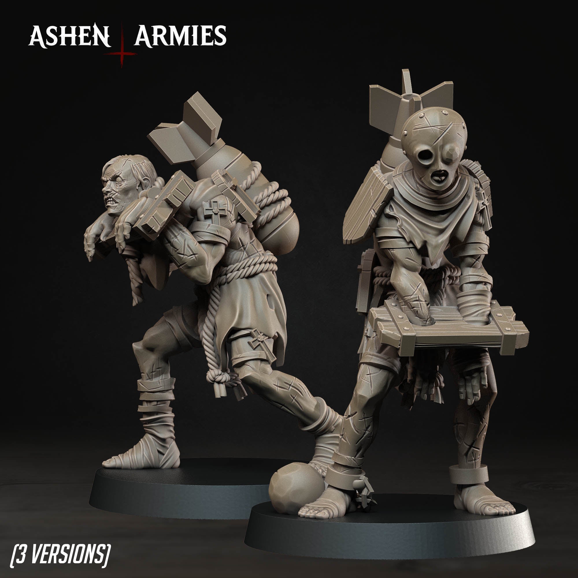 two figurines of soldiers, one standing and one kneeling, with various weapons and equipment attached to them.