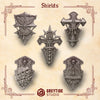 five different types of shields, each with unique designs and features, arranged in a grid-like pattern.
