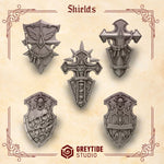 five different types of shields, each with unique designs and features, arranged in a grid-like pattern.