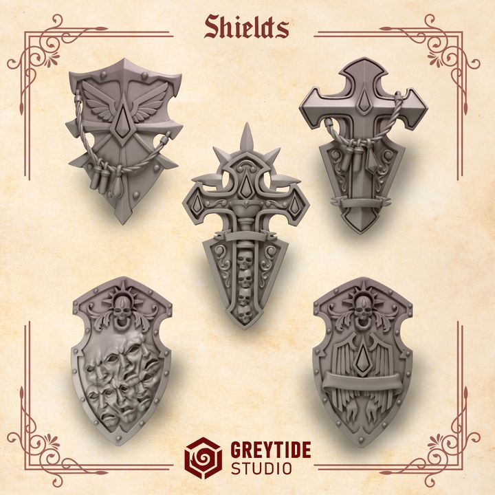 five different types of shields, each with unique designs and features, arranged in a grid-like pattern.