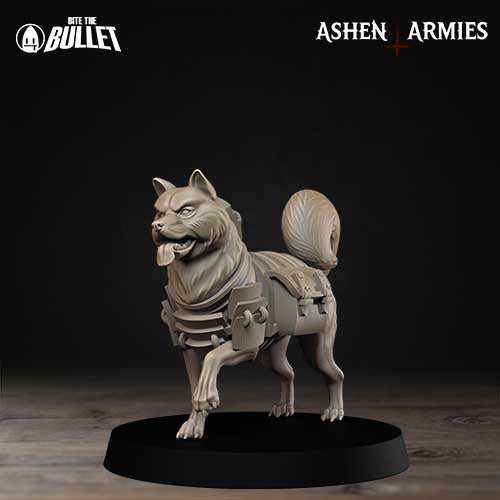 A detailed model of a dog, possibly a wolf or a similar canine breed, standing on a black base. The dog is wearing a backpack and appears to be in a fighting stance, suggesting it may be a character from a video game or a similar interactive media.