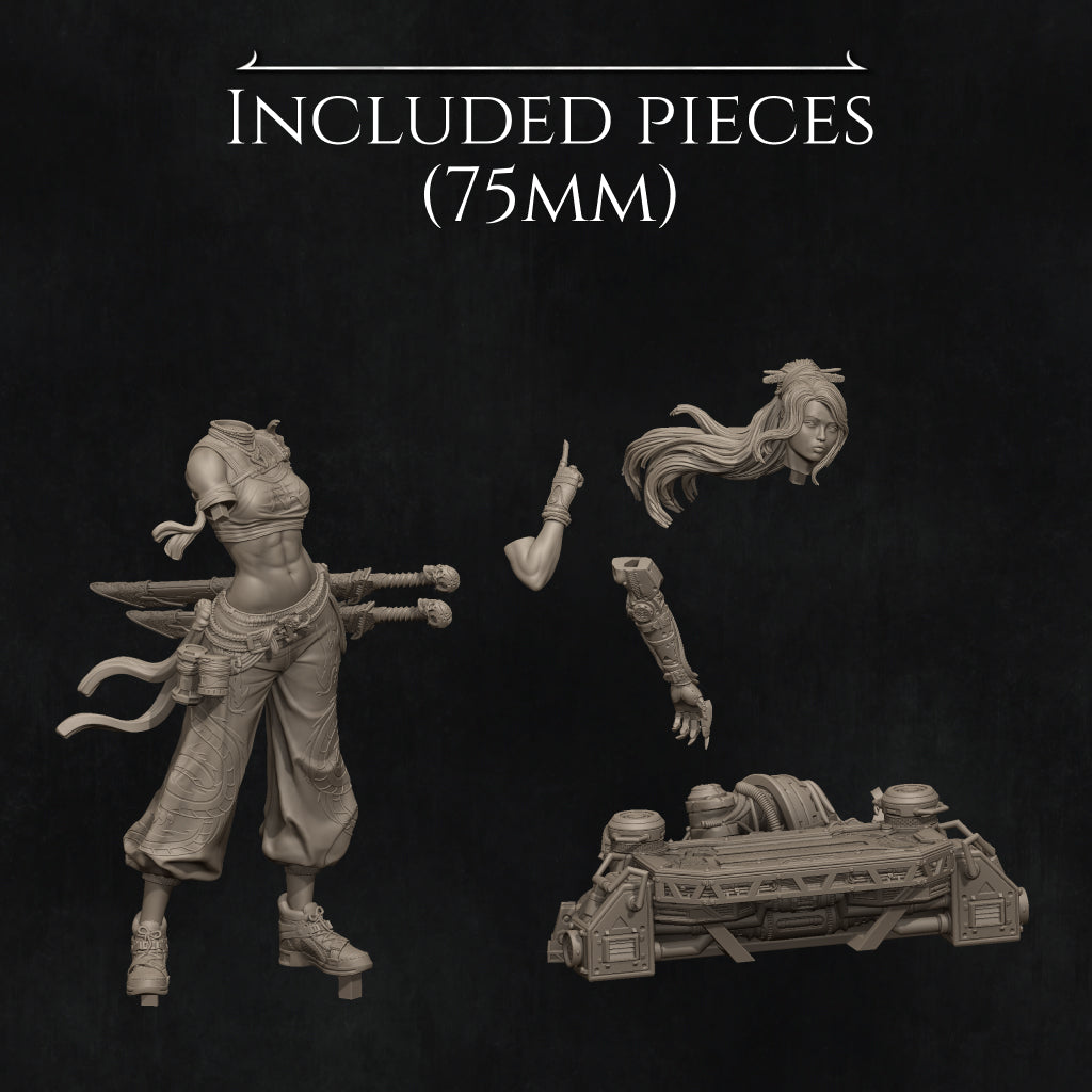 a collection of various pieces, including a figure, a weapon, and a vehicle, all depicted in a detailed and intricate manner.