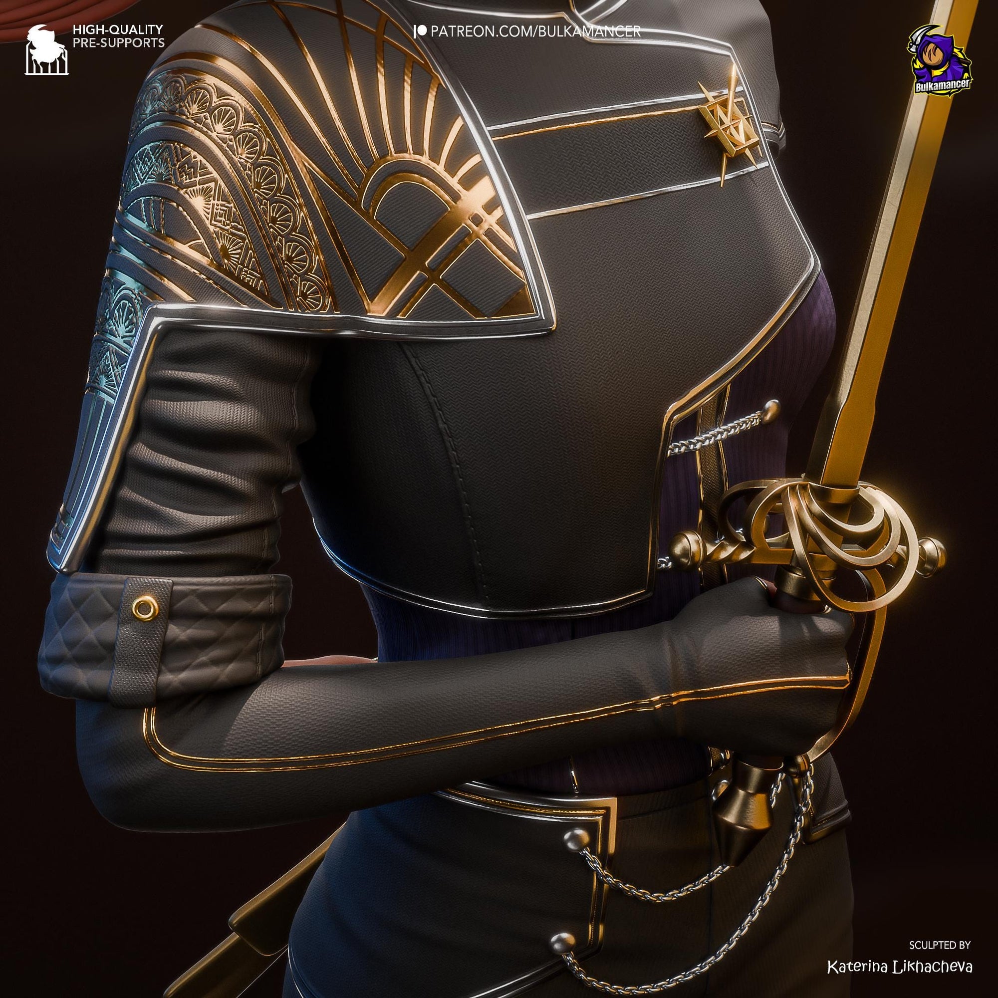 a woman dressed in black and gold holding a sword