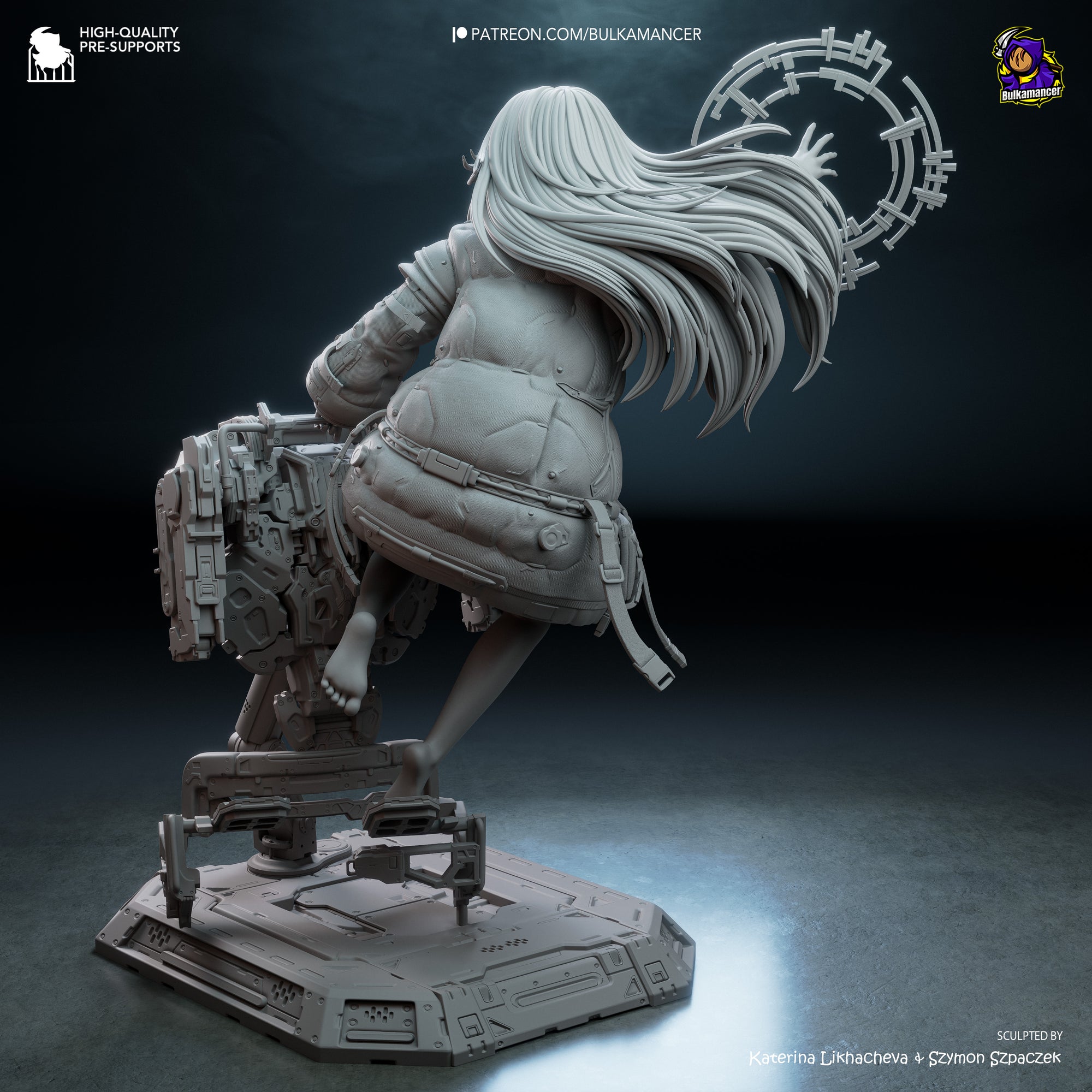 A 3D rendering of a female character with long hair, wearing a futuristic-looking outfit, standing on a platform with a large mechanical device in the background.