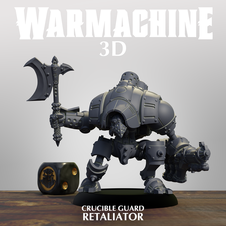 A 3D rendering of a crucible guard retailator, a type of armored warrior, holding a large sword and standing on a platform.