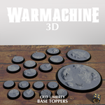 The image is a 3D rendering of a collection of base toppers, specifically the "Old Umbrey Base Toppers", displayed on a wooden surface.
