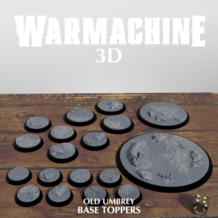 The image is a 3D rendering of a collection of base toppers, specifically the "Old Umbrey Base Toppers", displayed on a wooden surface.