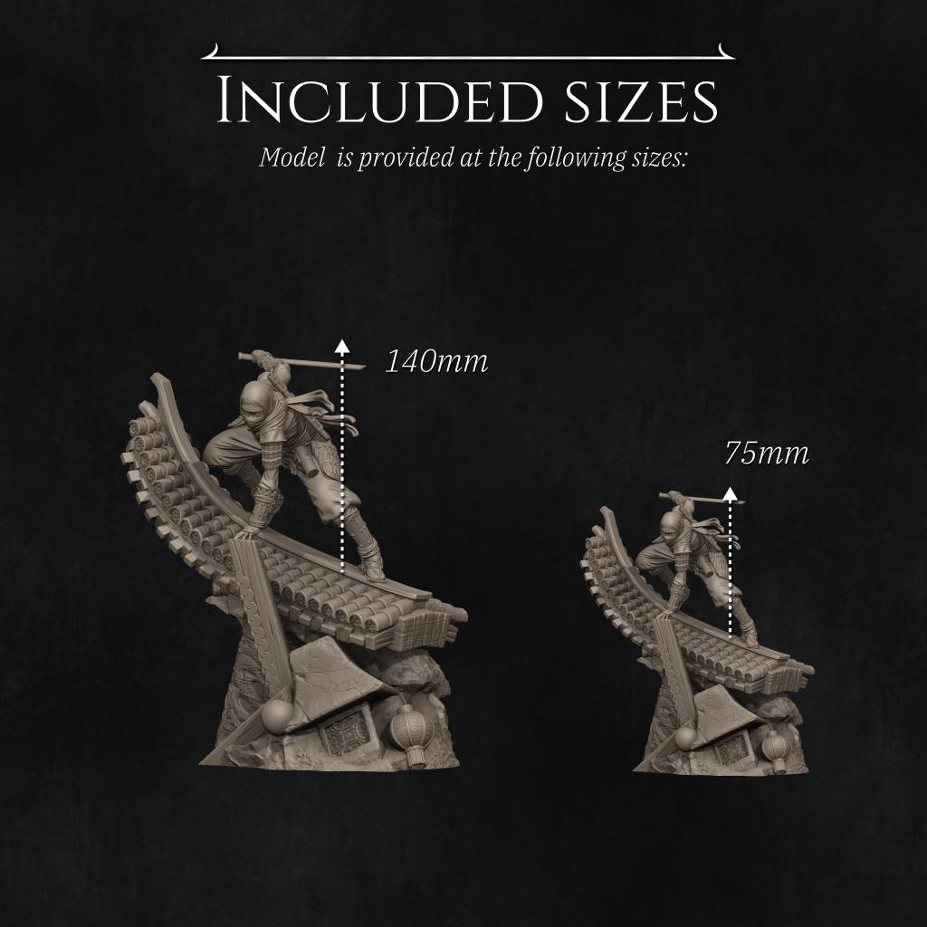 Shizuka Rooftop Ninja | 3D Printed Resin Miniature Statue | 75mm & 140mm Unpainted Figure | Nerikson