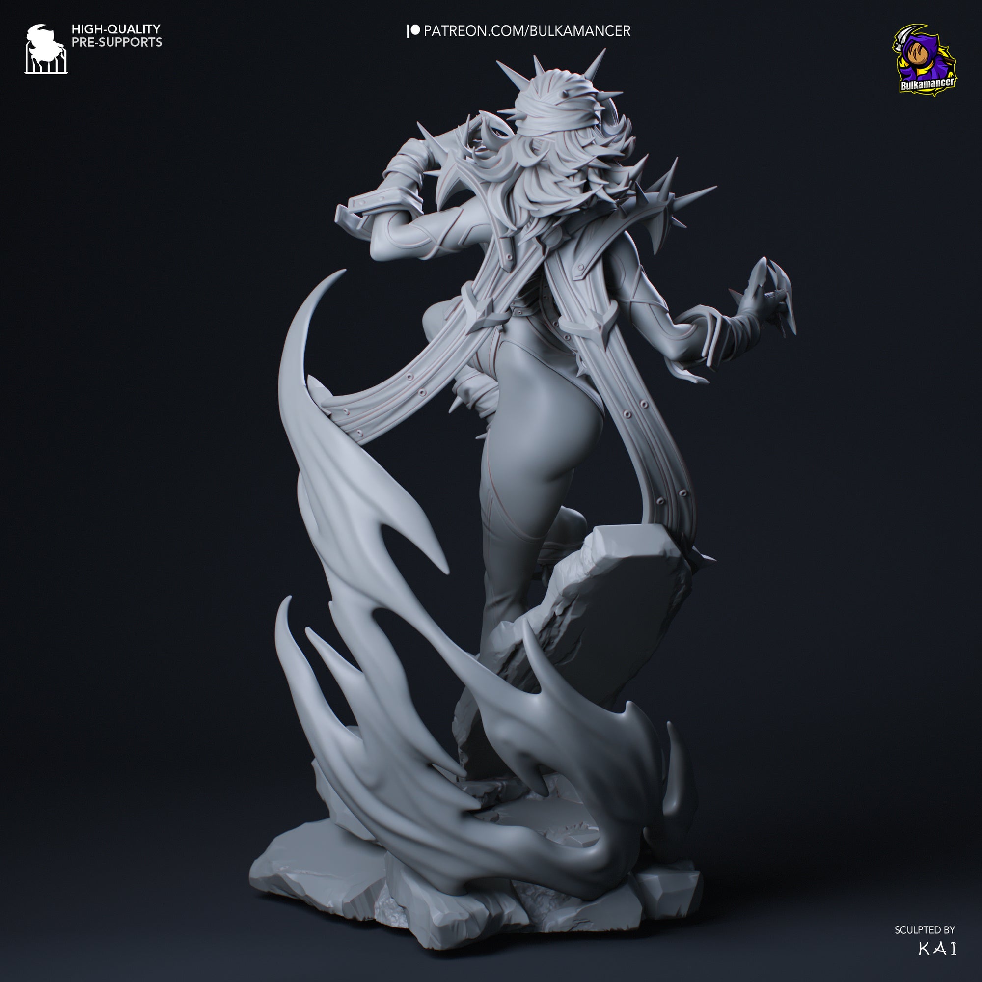 A 3D rendering of a female character with long hair and a flowing robe, standing on a rock formation and holding a weapon. The character appears to be a fantasy or mythological figure, with intricate details and dynamic poses.