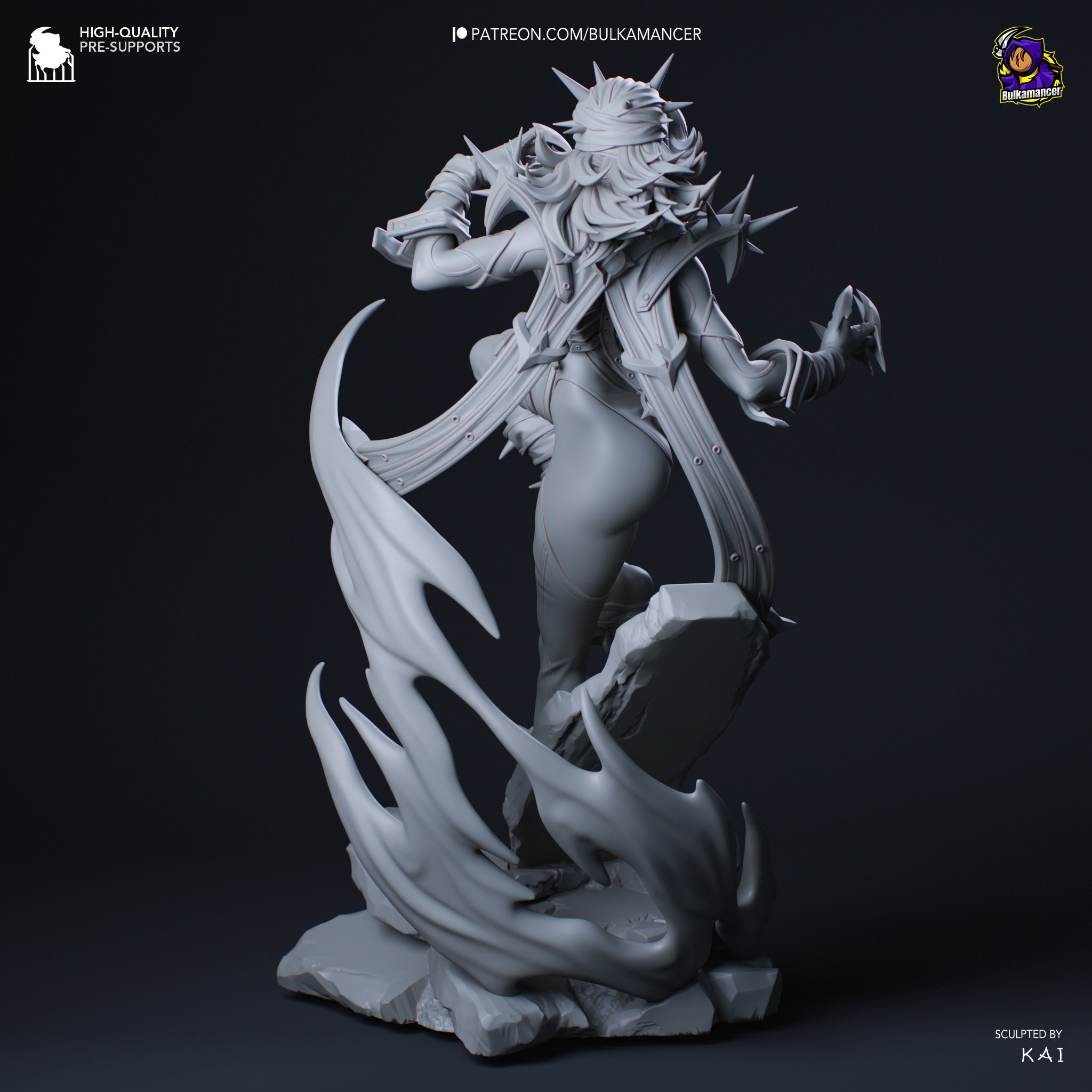 A 3D rendering of a female character with long hair and a flowing robe, standing on a rock formation and holding a weapon. The character appears to be a fantasy or mythological figure, with intricate details and dynamic poses.