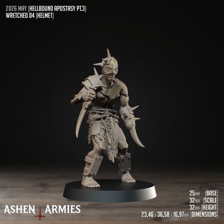 a detailed 3D model of a warrior figure, specifically the Hellbound Apostasy PT3 helmet, standing in a fighting stance.