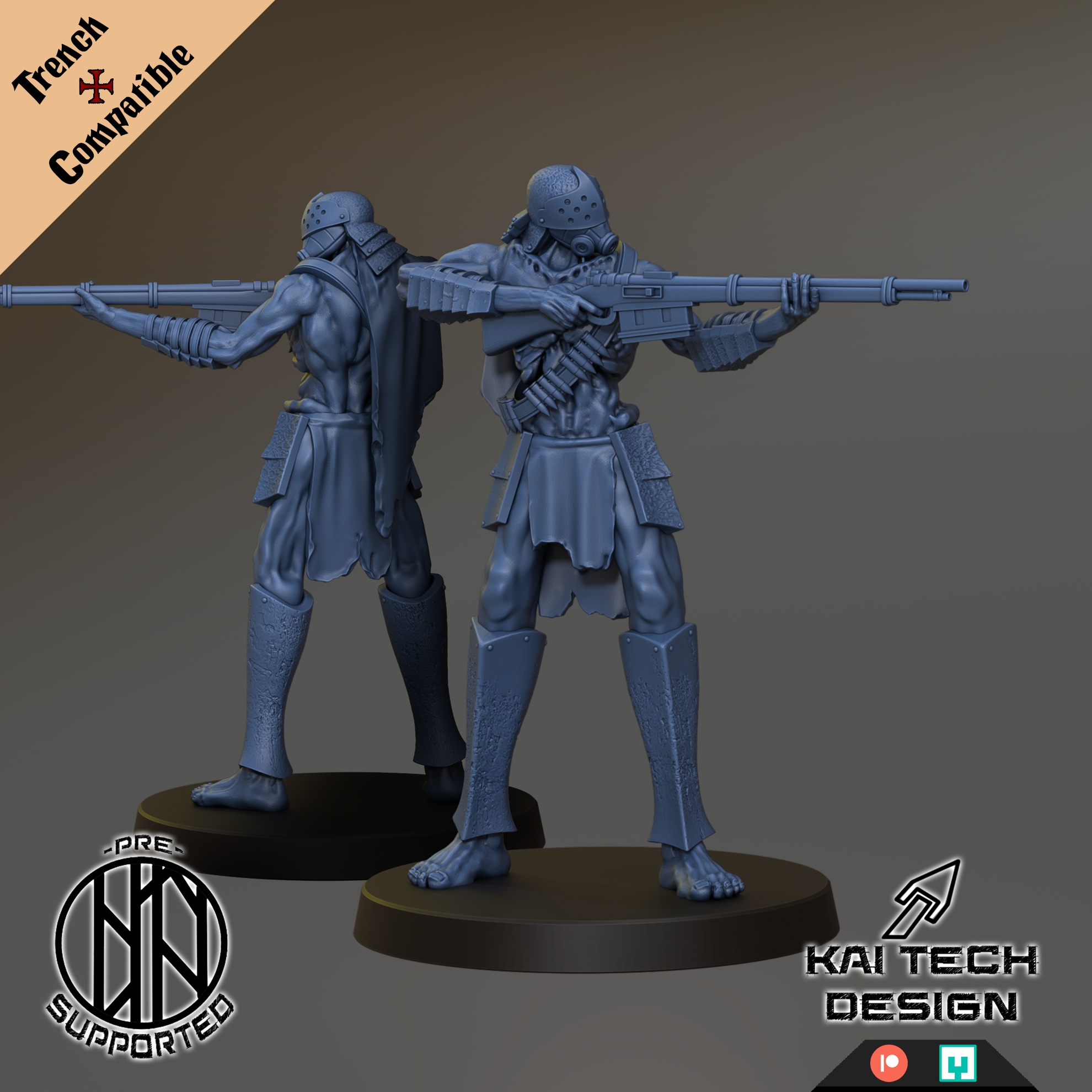 two blue-colored action figures of soldiers, one standing and one kneeling, holding a gun and aiming it.