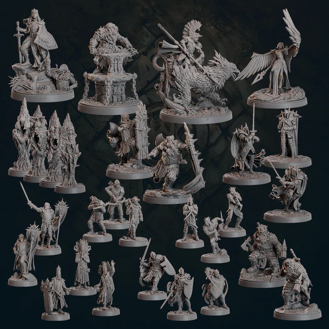 a collection of various fantasy-themed figurines and characters, including knights, dragons, and other fantastical elements, arranged on a dark background.