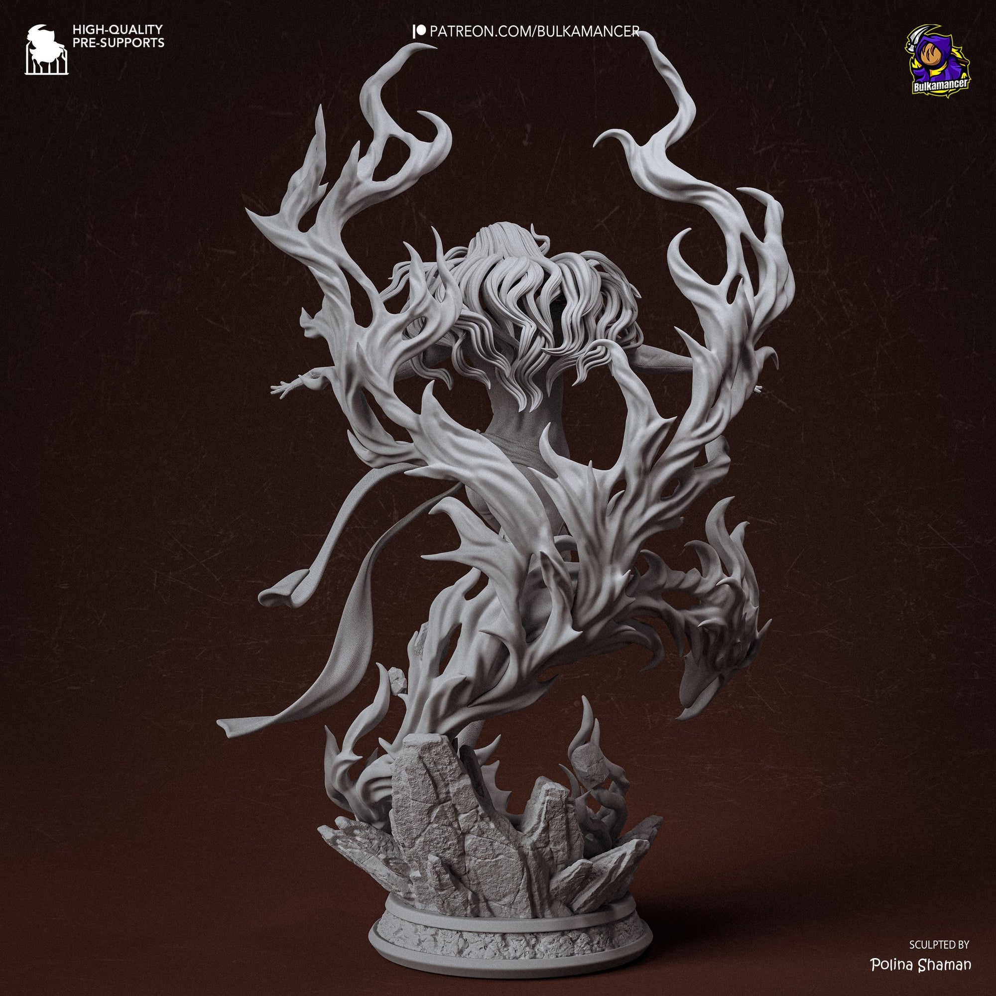 Blazing Rebirth – Elemental Fire Sorceress Display Statue | Large 3D Printed Resin Sculpture | Unpainted Collector Model
