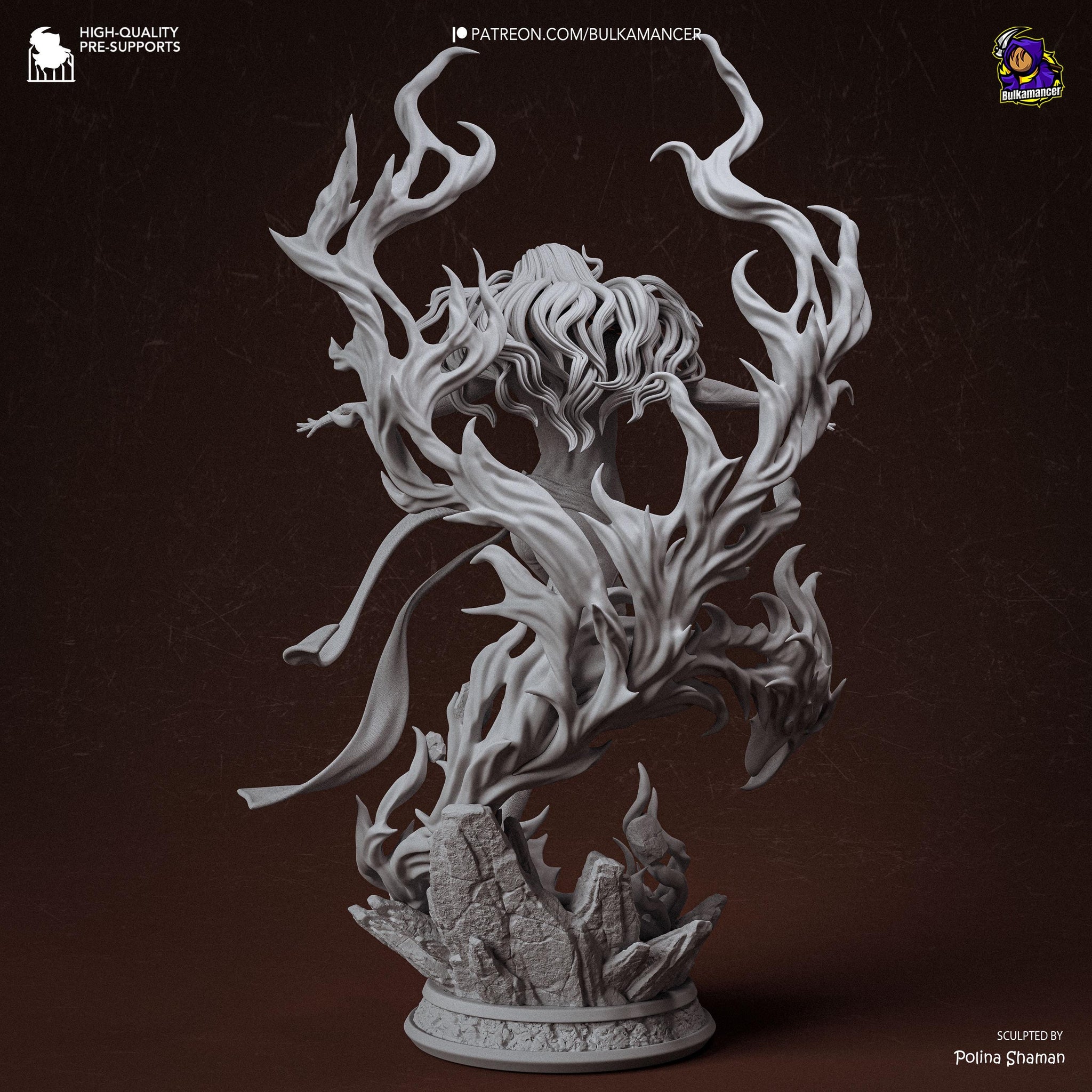 Blazing Rebirth – Elemental Fire Sorceress Display Statue | Large 3D Printed Resin Sculpture | Unpainted Collector Model