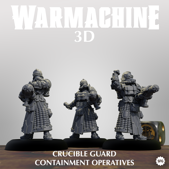 three figurines of Crucible guards, each holding a weapon, arranged in a row.