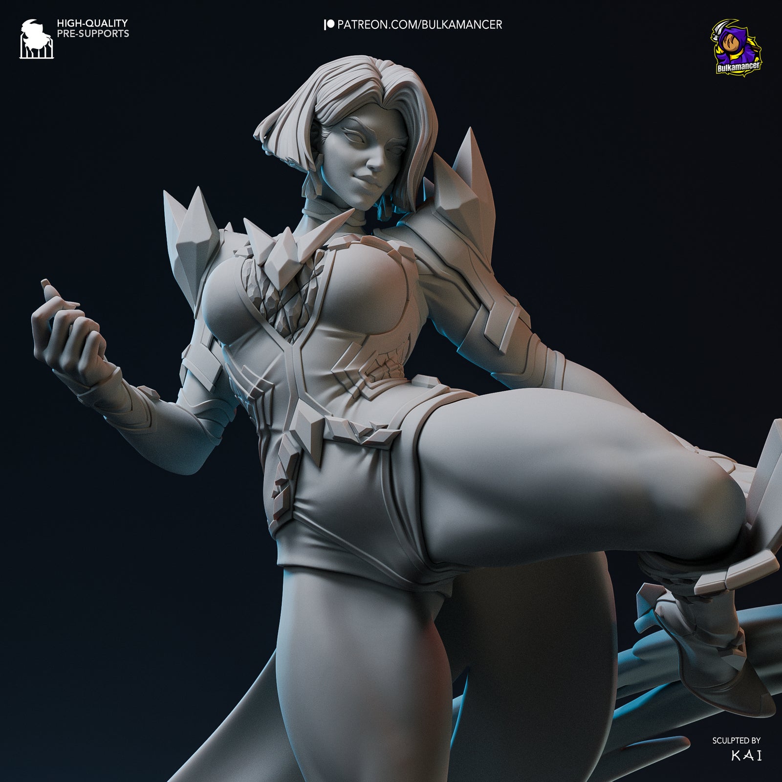 A 3D rendering of a female character with a futuristic, angular design. The character appears to be a female warrior or warrior-like figure, with a distinctive hairstyle and a muscular build. The character is shown in a dynamic pose, with one leg raised and the other bent at the knee. The background is dark, which emphasizes the character and her form.