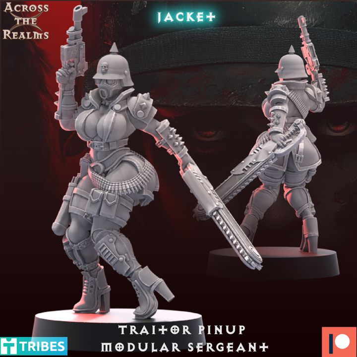 two female figures in military-style uniforms, each holding a large gun. The figures are positioned in a dynamic pose, with one figure on the left and the other on the right. The background is dark and has a red and black color scheme.