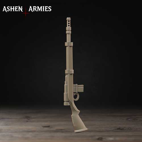 A 3D model of a rifle is shown against a dark background.