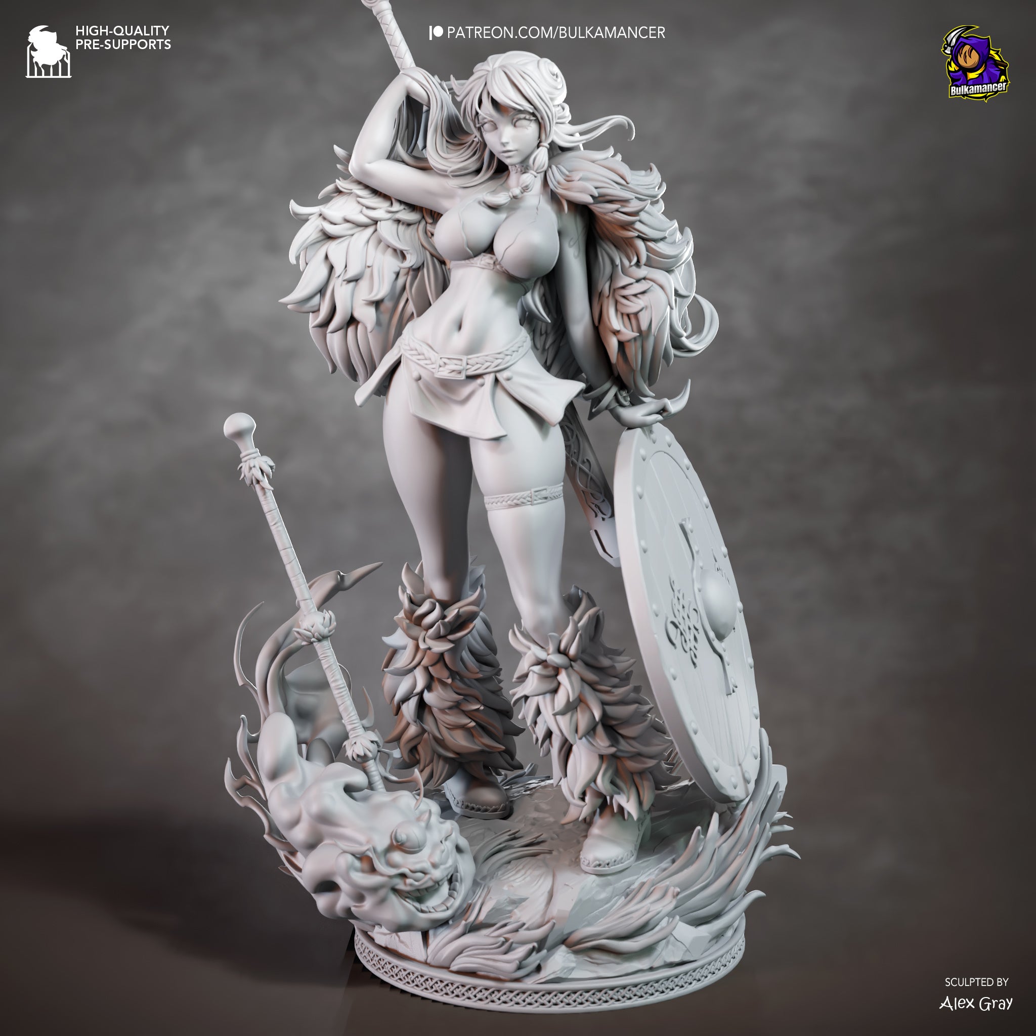 A detailed 3D model of a female warrior figure, complete with a sword, shield, and other battle-ready equipment.