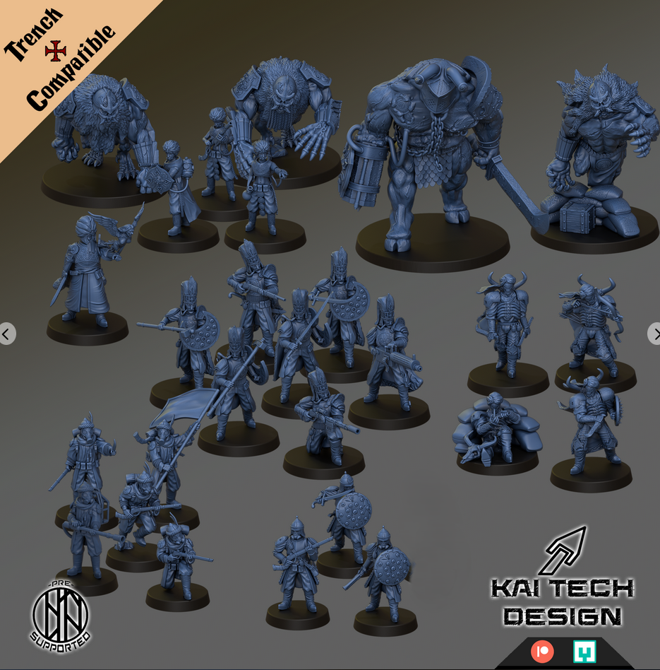 a collection of various figurines or characters, some of which appear to be from a fantasy or action-adventure game. The figurines are displayed on different bases, and they are arranged in a way that suggests they are part of a larger collection or set. The image does not contain any text that can be described in detail, and it does not include any specific actions or movements. The image does not depict any scenes or actions that are clearly visible or identifiable.