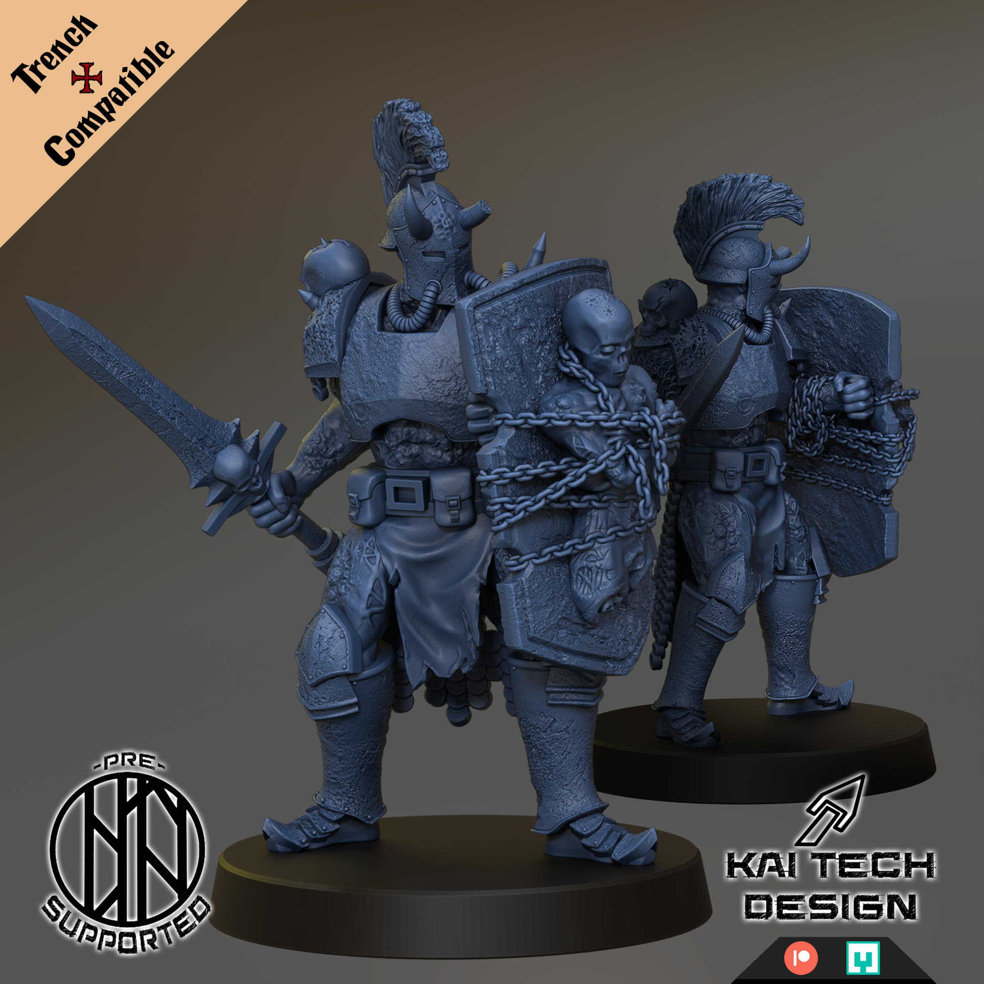 two detailed, armored fantasy characters with weapons, standing on platforms and facing each other.