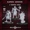 three models of Blasphemic Warfighters, a fantasy roleplaying game. The models are depicted in a monochrome style, with detailed armor and weapons. The models are arranged in a row, showcasing different poses and stances. The packaging for these models includes information about the size and from feet, as well as the company's name, Bullet & Basilica.