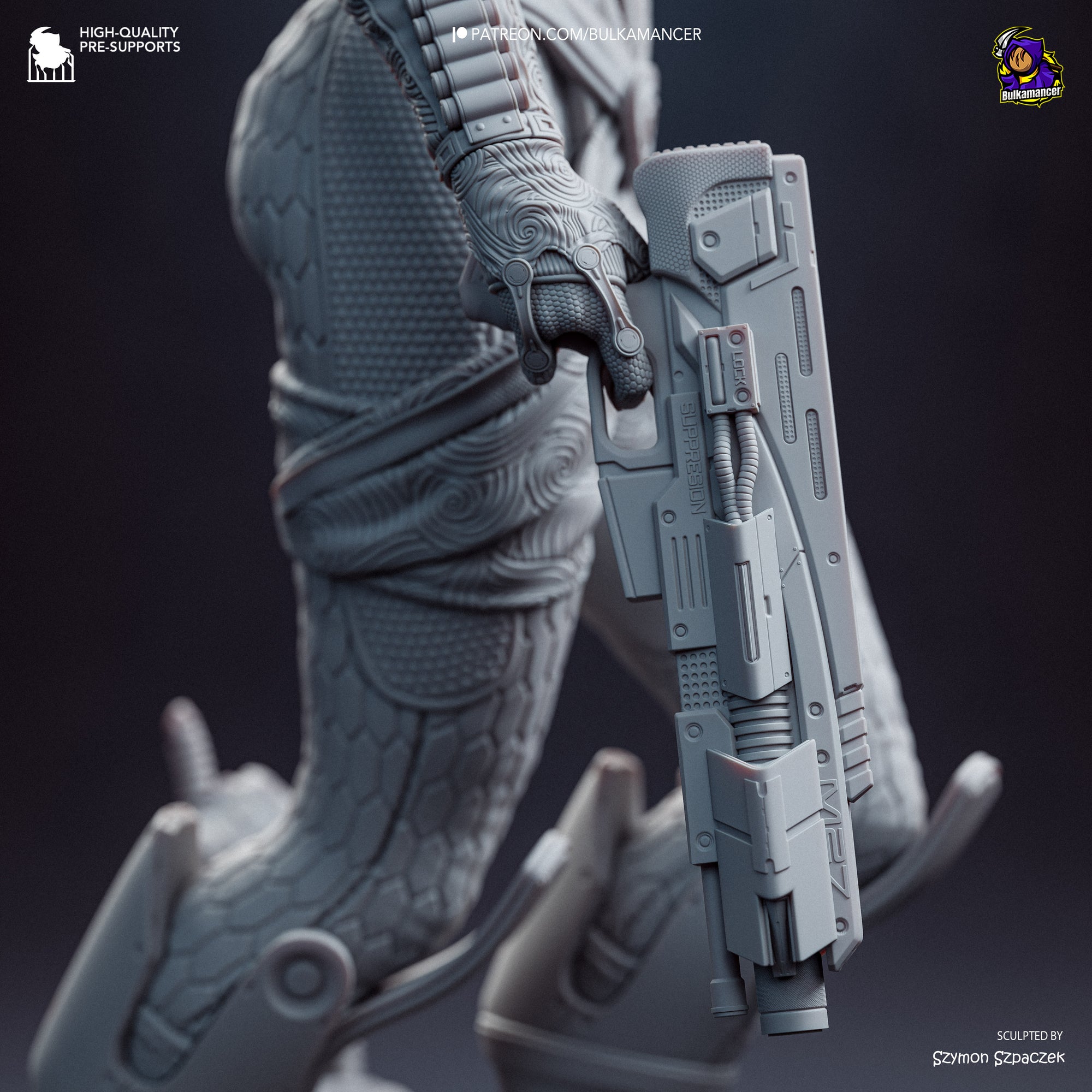 A detailed 3D rendering of a futuristic-looking gun or weapon, with intricate designs and patterns on its surface. The weapon appears to be made of metal and is held in the hand of a character, suggesting it is a part of a futuristic-themed artwork or sculpture.
