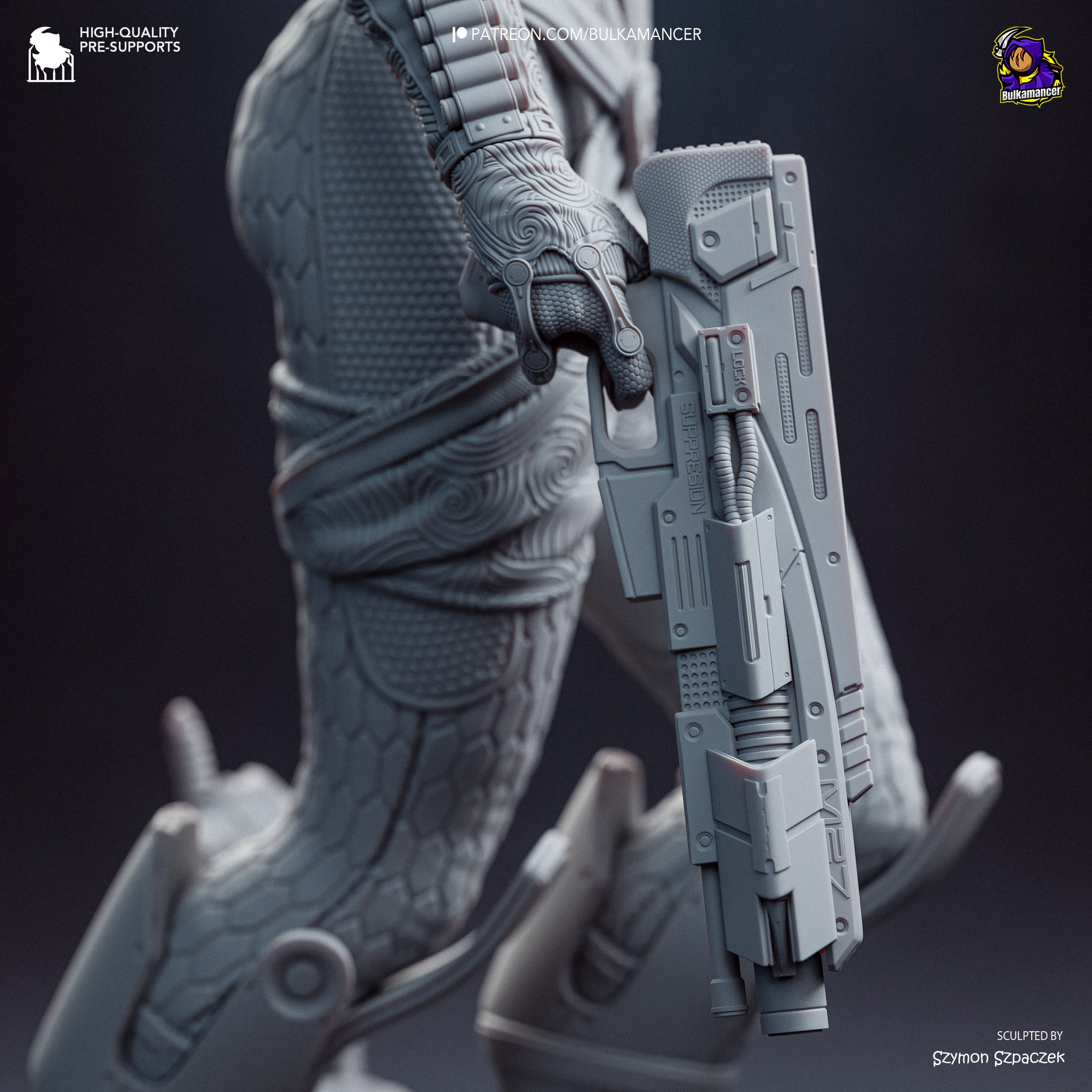 A detailed 3D rendering of a futuristic-looking gun or weapon, with intricate designs and patterns on its surface. The weapon appears to be made of metal and is held in the hand of a character, suggesting it is a part of a futuristic-themed artwork or sculpture.
