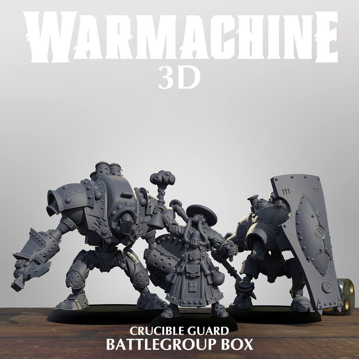 three figurines of a Crucible Guard from the Battlegroup Box, arranged in a row against a plain background.