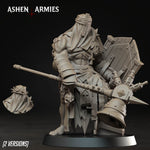 A 3D rendering of a heavily armored and battle-ready character, likely from the video game Ashen Arms. The character is holding various weapons and appears to be ready for combat.