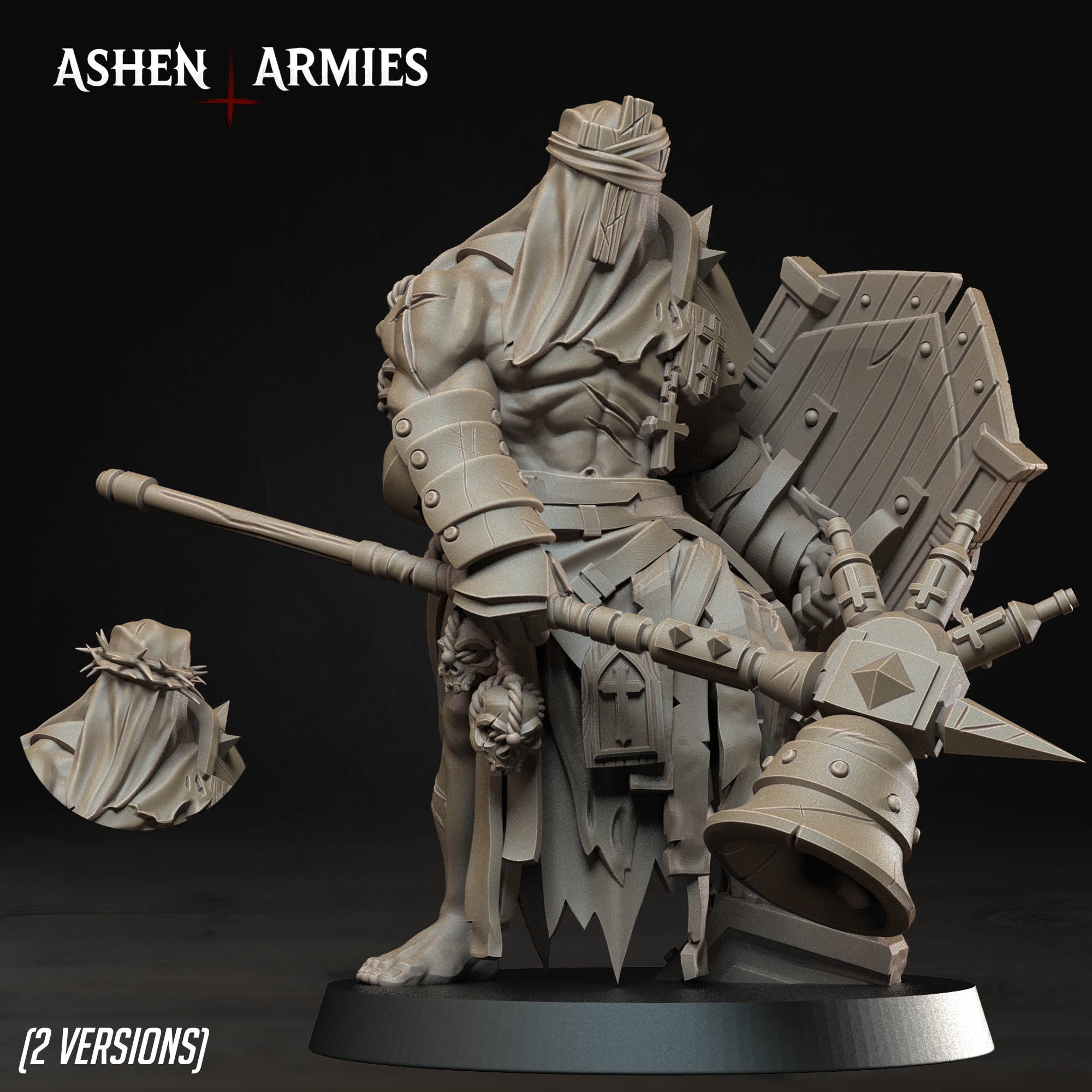 A 3D rendering of a heavily armored and battle-ready character, likely from the video game Ashen Arms. The character is holding various weapons and appears to be ready for combat.