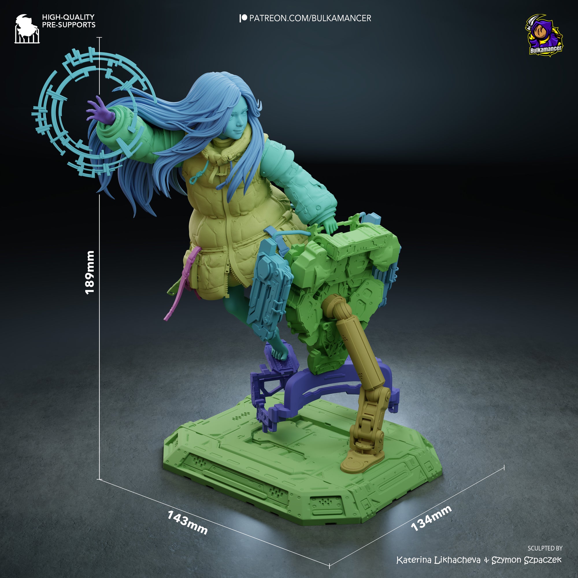 The image is a 3D rendering of a female character with blue hair, wearing a yellow jacket and holding a green and blue weapon. The character is standing on a green platform with a purple base. The image is described as a "high-quality pre-supports" and "sculpted by Katarina Lkachceva & Szymlon Szpaczec".