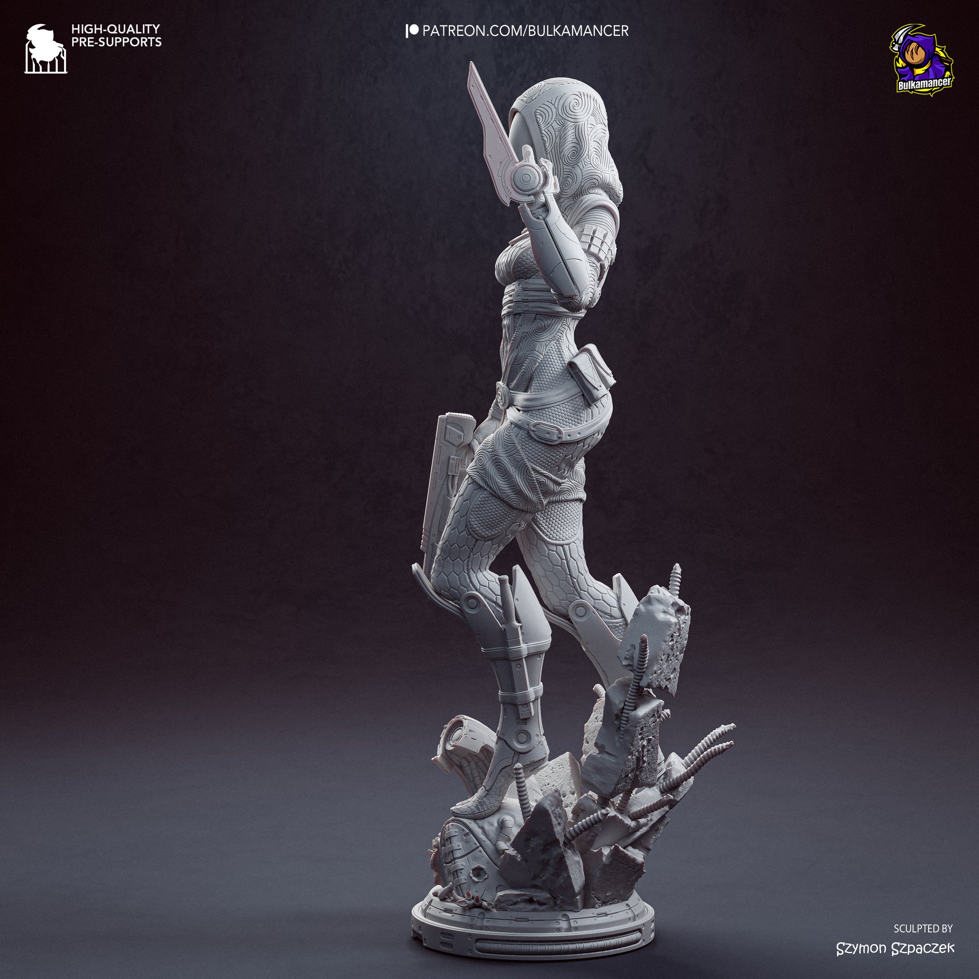 A 3D rendering of a female character holding a weapon, standing on a platform amidst rubble and debris.